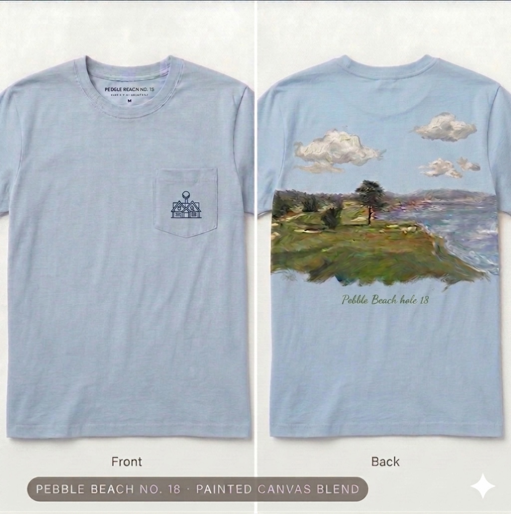 The Home Course Pebble Beach No. 18 shirt &mdash; front and back, painted canvas blend